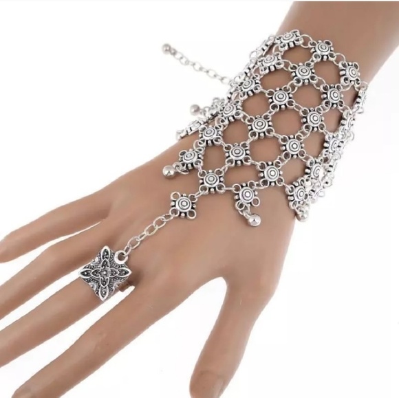 Turkish Silver Boho Gypsy Chain Ring Bracelet - Picture 2 of 4